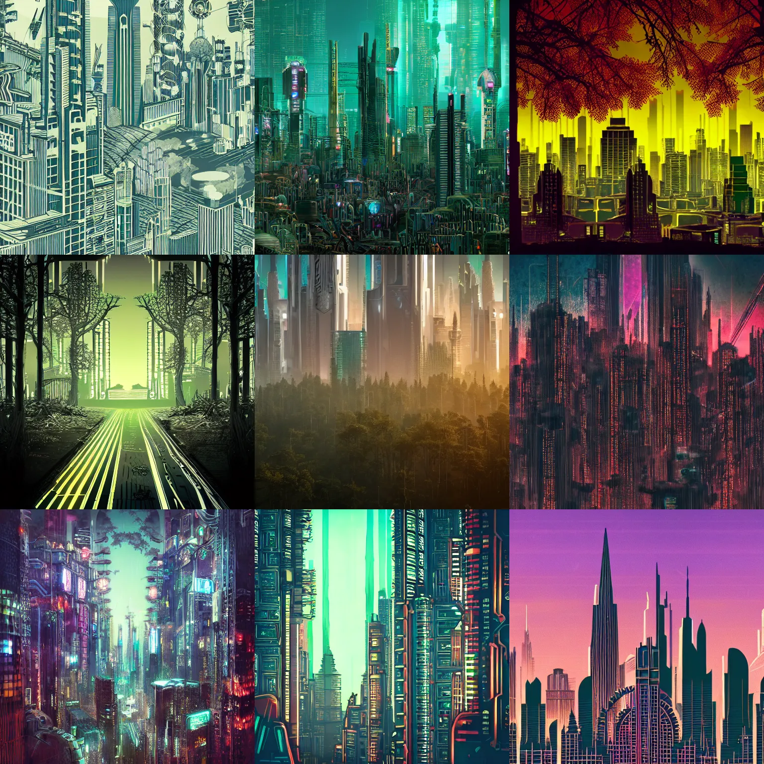 Prompt: detailed photo of a beautiful cyberpunk Art Deco skyline containing a forest