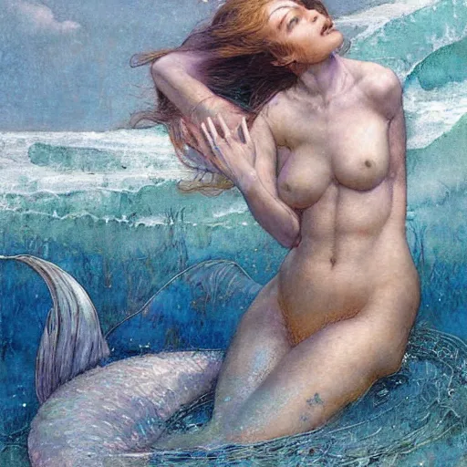 Prompt: beautiful mermaid emerging from the ocean, art by Edgar Maxence and Ross Tran and Michael Whelan