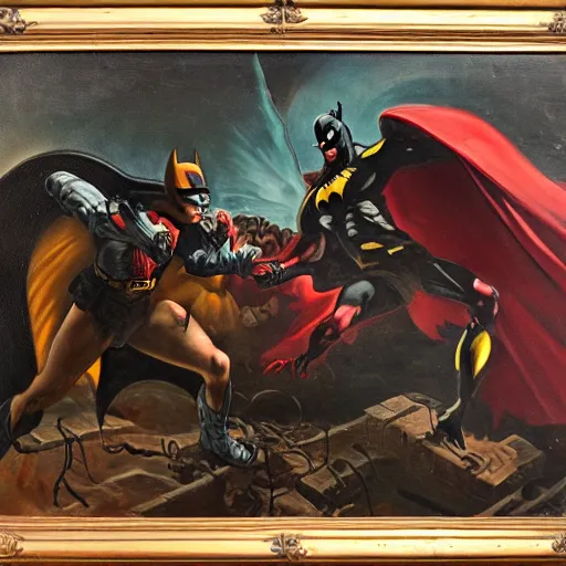 Prompt: 1800s oil painting of Spawn fighting Batman in the pits of hell