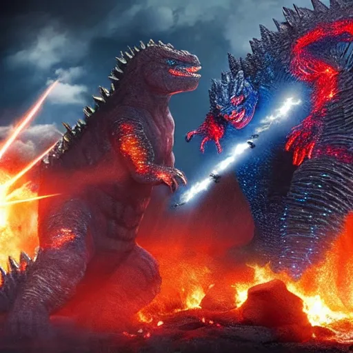 Prompt: Godzilla fighting Optimus Prime in a volcano with guns