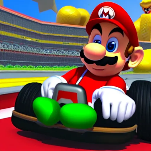 Image similar to Donald Trump is a character in Mario Kart Tour, gameplay screenshot, detalied, high rendering,