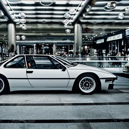 Prompt: bmw m 1 inside a mall, professional photography, vaporwave