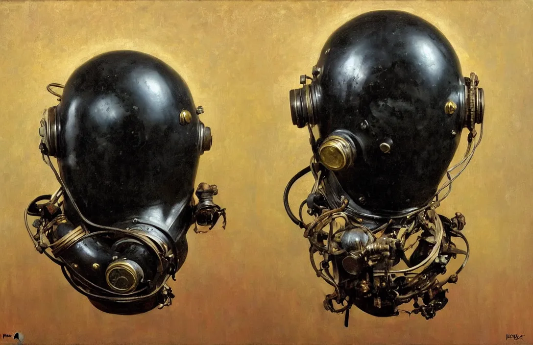 Image similar to portrait of deep sea diver helmet, the notorious b. i. g.!!!!!!!!!!!!!!!!!!!!!!!!!!!, detailed face, detailed painting, epic lighting, by ilya repin, phil hale and kent williams