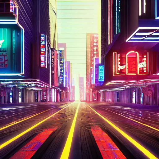 Prompt: ! dream extremely high quality 8 k 3 d render of a metallic cyberpunk neon city street, polished, highly reflective, highly detailed, clean, sharp, crisp clean shapes, cast glass, brushed metal, symmetry, mercury, chrome, obsidian, highly detailed, high detail, very aesthetically pleasing