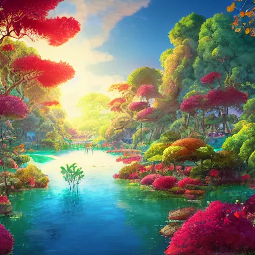 Prompt: photo cartoon illustration comics manga painting of pixiv, epiphanies paradise lagoon lit by strong sunlight shining through vast hyperdetailed tangled vegetation and flowers during golden hour, blue skies and lots of clouds, fairy tales, bright colors and high picture, quality, by makoto shinkai, hdr, digital painting, unreal engine, 8 k, volumetric lighting, contrast