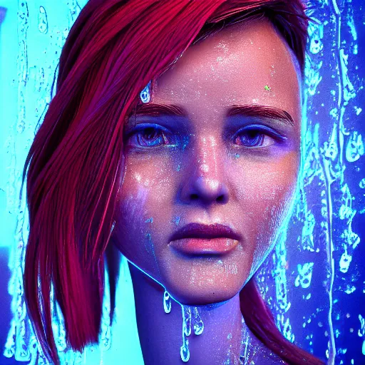 Image similar to cartoon portrait made out of rain, neon, rendered in octane, unreal engine, highly detailed, realistic, beautiful, emotional, trending on artstation