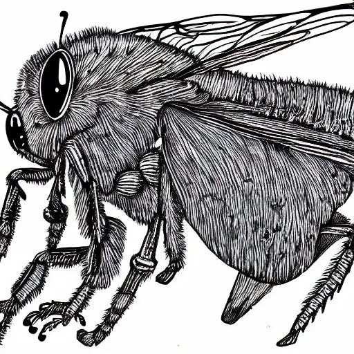 Prompt: hybrid of a bee and skeleton, pen illustration, 4k