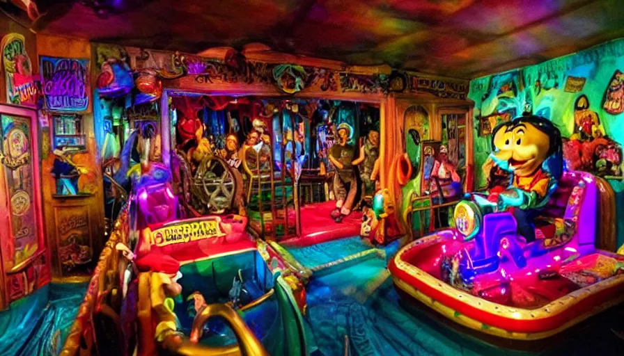 Prompt: 1990s photo of inside the Crazy Joe's Mystery House Show ride at Universal Studios in Orlando, Florida, riding Joe's head through Joe's funny happy world dreams, cool lights, cinematic, UHD