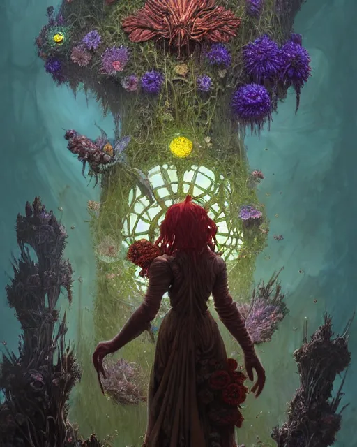 Image similar to the platonic ideal of flowers, rotting, insects and praying of cletus kasady carnage thanos davinci nazgul wild hunt chtulu mandelbulb ponyo heavy rain bioshock, d & d, fantasy, ego death, decay, dmt, psilocybin, concept art by randy vargas and greg rutkowski and ruan jia and alphonse mucha