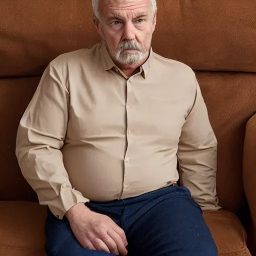 Image similar to full body photo of steve, mature male, mysterious face. he is sitting gracefully on a sofa, elegant slim beige shirt, tight shirt, big pumped belly