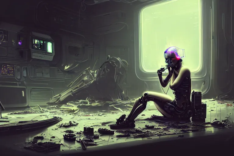 Image similar to Ultra realistic illustration, beautiful alluring damaged cyborg sitting on the floor of a destroyed spaceship, smoking a cigarette while being put back together in an super advanced military medical bay, cyberpunk, sci-fi, fantasy, sparks, small flames, smoke, intricate, elegant, highly detailed, digital painting, artstation, concept art, smooth, sharp focus, illustration, gorgeous cinematic lighting, art by artgerm and greg rutkowski and alphonse mucha