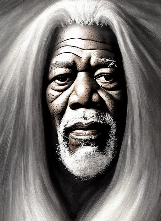 Image similar to portrait of morgan freeman as evil saurman the white, long white hair and white beard, long white flowing robes, long black wizard staff by alan lee, lord of the rings, smooth, oil painting, matte painting, concept art, trending on artstation, promotional artwork, film still, elegant, photorealistic facial features, intricate, detailed face, cinematic lighting