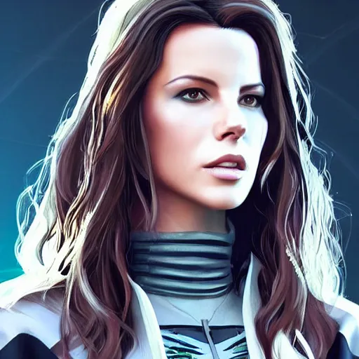 Prompt: a beautiful young kate beckinsale cyberpunk model, stylized concept art, wearing elegant designer jacket, bomber jacket with patterns, mesoamerican native street fashion, princess mononoke, painted by ilya kuvshinov aesthetic, gorgeous, stunning, alluring, attractive, artstation, pinterest, digital art.