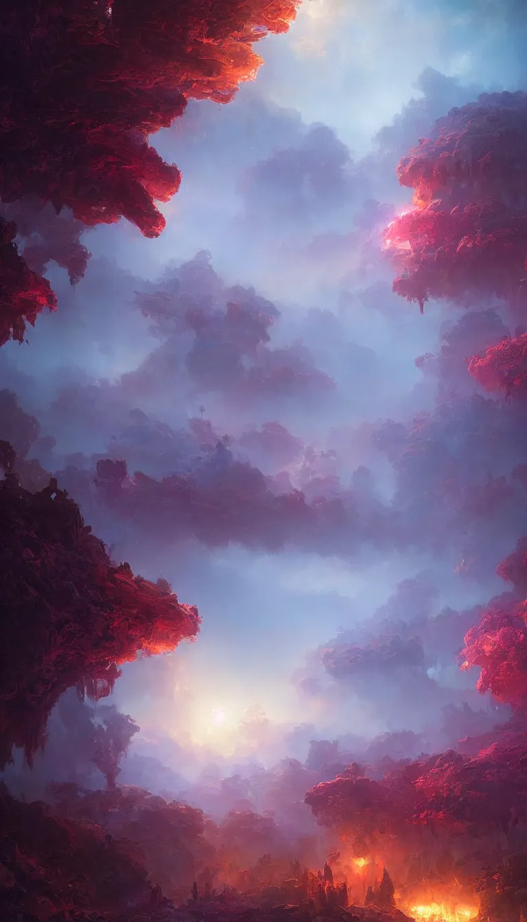 Image similar to luscious fibrous world made of mystical magical energy colorized as blue, red, and purple, illustrated by Greg Rutkowski and Gaston Bussiere, loquacious lighting, volumetric lighting, beautiful photography, landscape imagery, Trending on artstation, 4k, 8k.