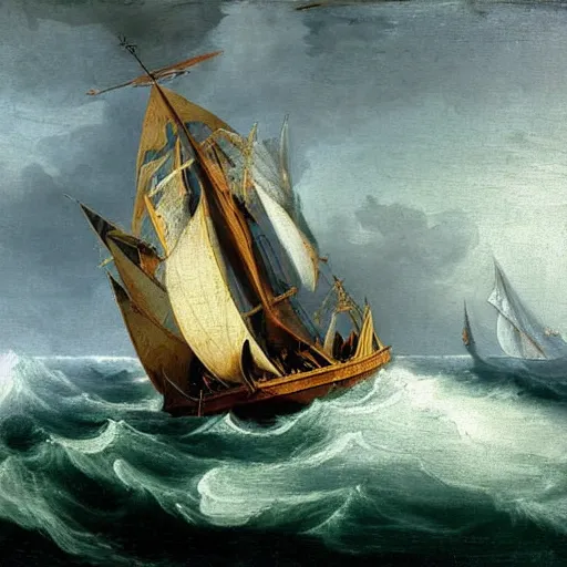 Prompt: a medieval vessel sailing the sea in a rough storm, sailors frantically pulling at ropes and tying the sails, large waves crashing and lightning striking in the distance, dark great clouds swirling above, detailed and oil painting