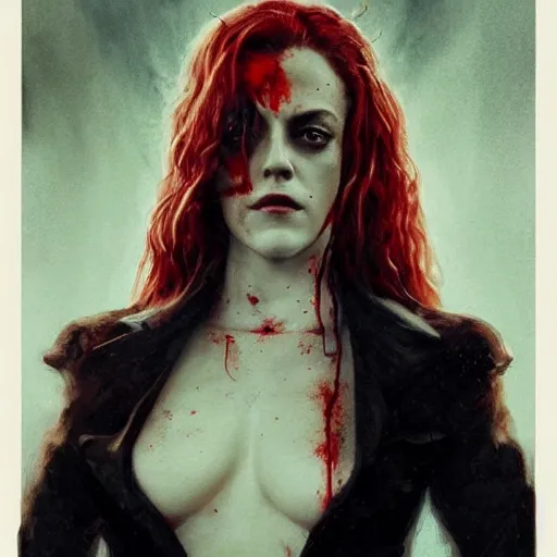 Image similar to portrait of beautiful riley keough as a vampire in bloody business suit, blood red eyes, fantasy, intricate, elegant, highly detailed, by greg rutkowski, cinematic movie poster