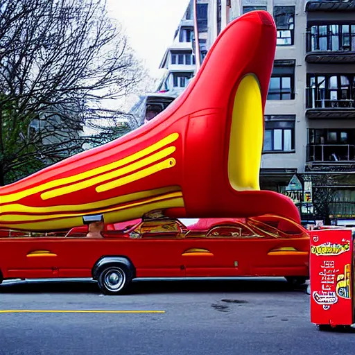 Image similar to very weird, very wrong concept of the Oscar Mayer Wienermobile on the street, photograph