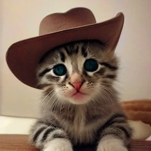 Image similar to a baby kitten wearing a cowboy hat that is missing his baby kitten boyfriend