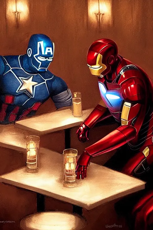 Image similar to iron man and captain america sit across from each other in a romantic restaurant, candlelit, style of greg rutkowski