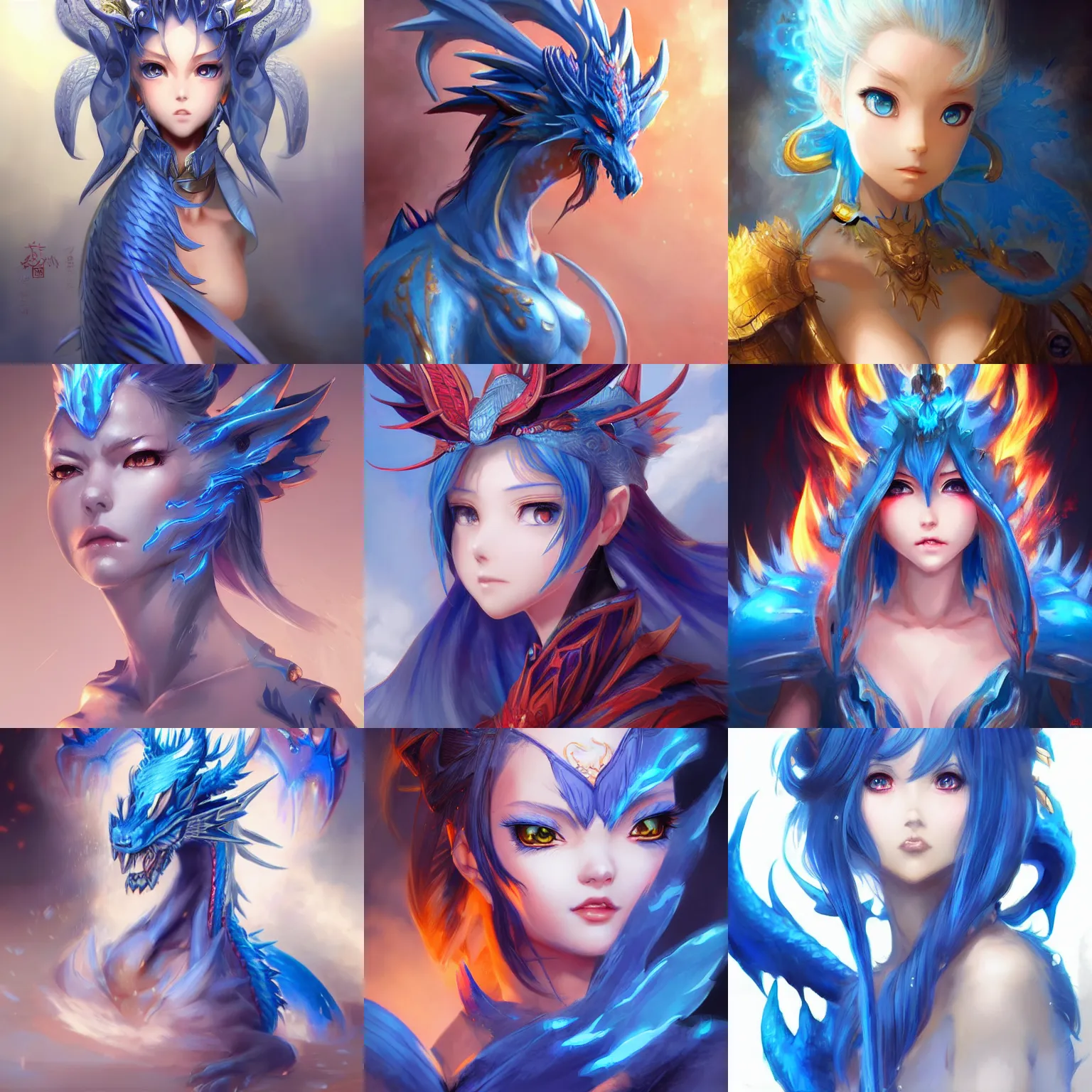 Prompt: Character concept art of an anime blue dragon fire goddess || cute-fine-face, pretty face, realistic shaded Perfect face, fine details by Stanley Artgerm Lau, WLOP, Rossdraws, James Jean, Andrei Riabovitchev, Marc Simonetti, and Sakimichan, tranding on artstation