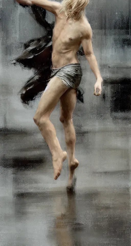 Image similar to painting of a beautiful pale androgynous blond man, dancing in the rain, by Jeremy Mann and Jason Jenicke, 70mm, cinematic, highly detailed, stylized, loose brush strokes, intricate, realistic, exaggerated lighting, dramatic lighting, sense of scale, sense of movement, sensual