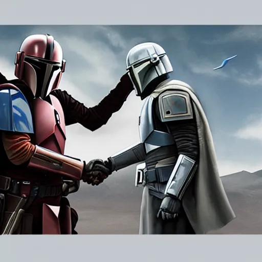 Image similar to walter white shaking hands with the mandalorian, dramatic digital art