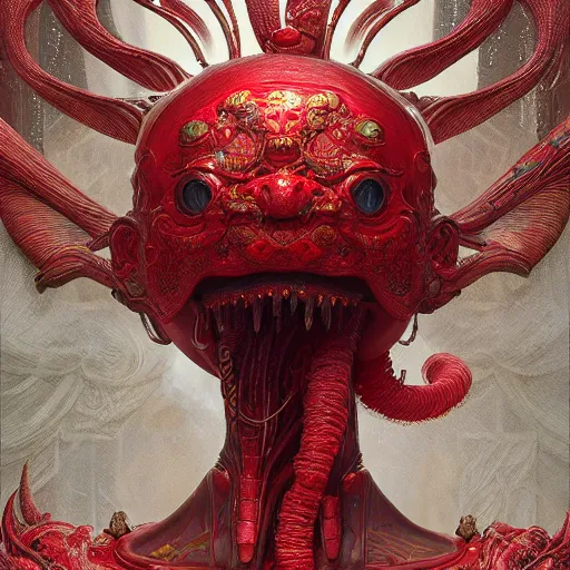 Image similar to The red alien, intricated traditional Chinese textures, rococo decorations, hyper detail, Unreal engine,Octane render, by Karol Bak