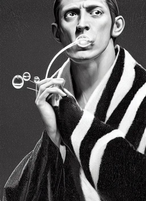 Image similar to an anthropomorphic beautiful male wizard portrait blowing bubbles wearing black and white stripes robe, fine art, award winning, intricate, elegant, sharp focus, octane render, hyperrealistic, cinematic lighting, highly detailed, digital painting, 8 k concept art, art by jamie hewlett and z. w. gu, masterpiece, trending on artstation, 8 k