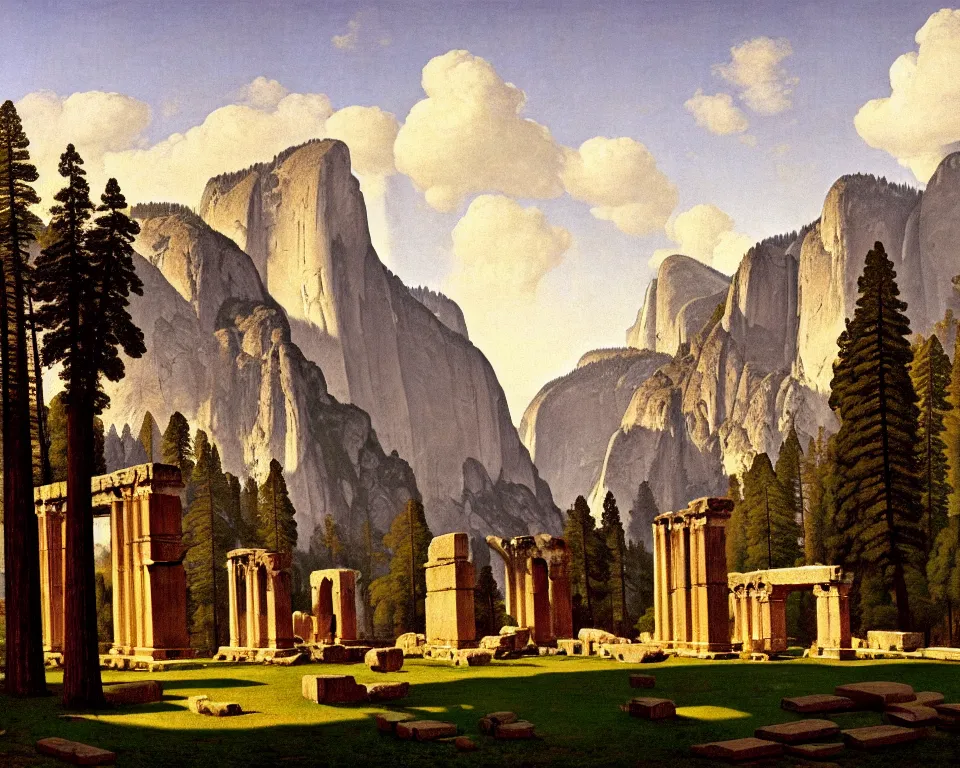 Image similar to an achingly beautiful print of roman ruins in the middle of Yosemite valley by Raphael, Hopper, and Rene Magritte. detailed, romantic, enchanting, trending on artstation.