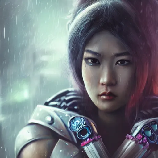 Prompt: An epic fantastic realism comic book style portrait painting of a female cyber warrior, beautiful asian girls, dieselpunk armor, long fluffy hair, porcelain pale skin, cyberpunk color raining tokyo everywhere, Concept world Art, unreal 5, DAZ, hyperrealistic, octane render, cosplay, RPG portrait, dynamic lighting