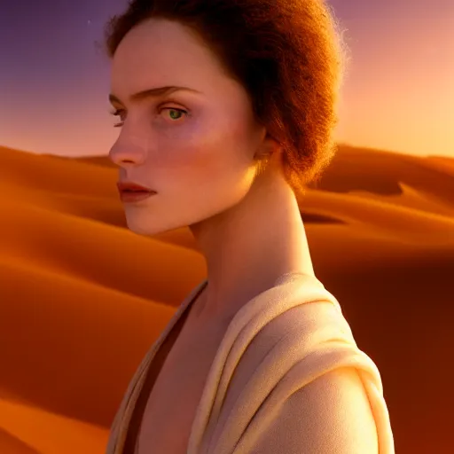 Image similar to photographic portrait of a stunningly beautiful renaissance female in soft dreamy light at a desert sunset, contemporary fashion shoot, by edward robert hughes, annie leibovitz and steve mccurry, david lazar, jimmy nelsson, breathtaking, 8 k resolution, extremely detailed, beautiful, establishing shot, artistic, hyperrealistic, beautiful face, octane render