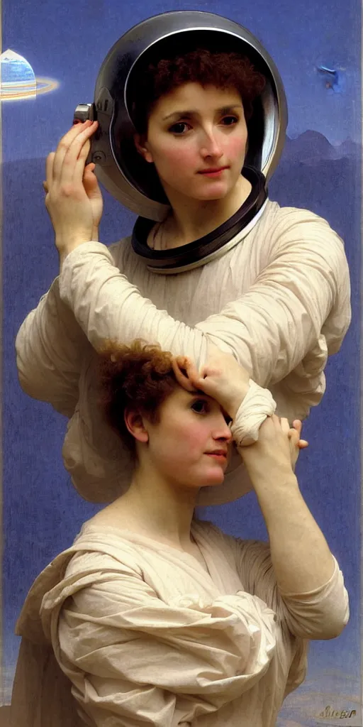 Image similar to portrait of a woman in astronaut helmets an ancient human species, by bouguereau