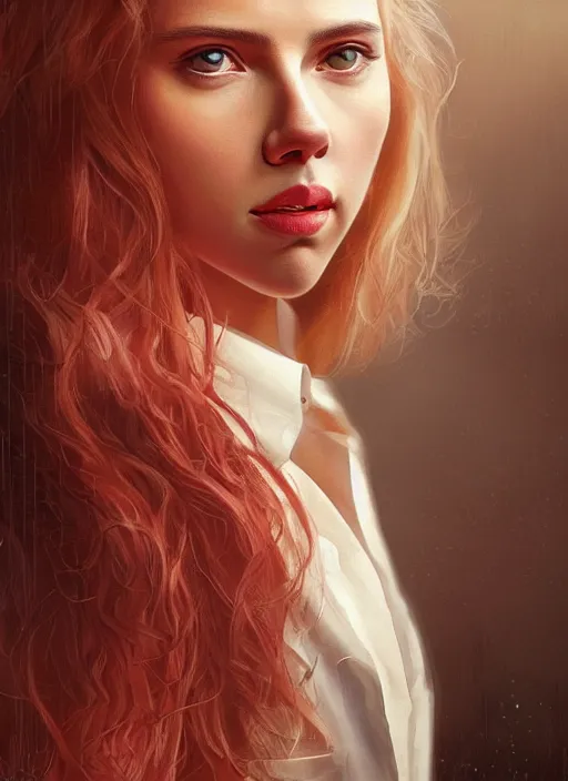 Image similar to portrait of teenage scarlett johansson, long haircut, flowing blonde curly hair, white shirt, red tie, smiling kindly, forest at background, 1 9 8 0 s, intricate, elegant, glowing lights, highly detailed, digital painting, artstation, concept art, smooth, sharp focus, illustration, art by wlop, mars ravelo and greg rutkowski