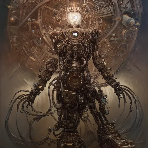 Image similar to low angle shot of a steampunk cyborg by clive barker, intricate, elegant, highly detailed, centered, digital painting, artstation, concept art, smooth, sharp focus, illustration, artgerm, Tomasz Alen Kopera, Peter Mohrbacher donato giancola, Joseph Christian Leyendecker, WLOP, Boris Vallejo.