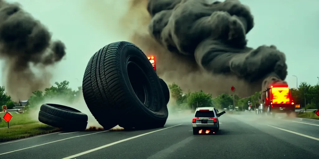 Image similar to A huge truck tire monster is rolling down the village destroying everything on its way. Dramatic, cinematic shot