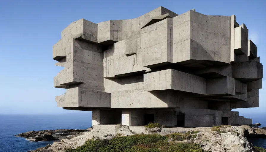 Image similar to big brutalist base perched on a cliff overlooking a magnificient bay, drawing architecture, pritzker architecture prize, greig fraser