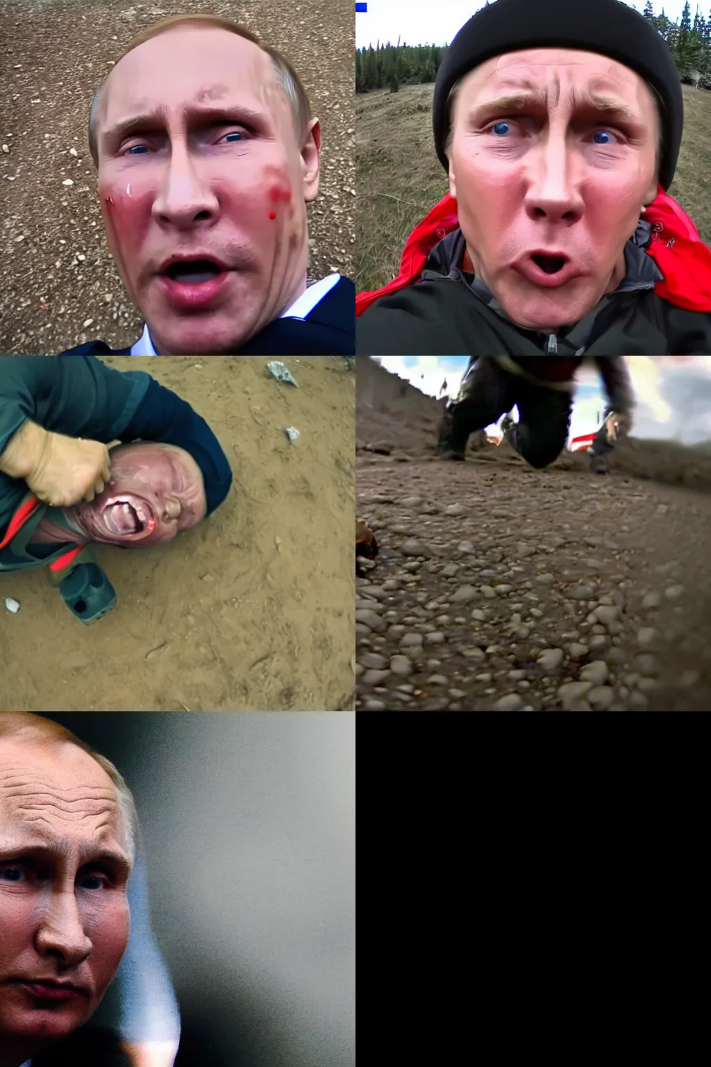 Prompt: gopro close - up shot of putin's bloated face on the ground groaning in pain, ultra bloody, hyper messy, extreme mush, 8 k