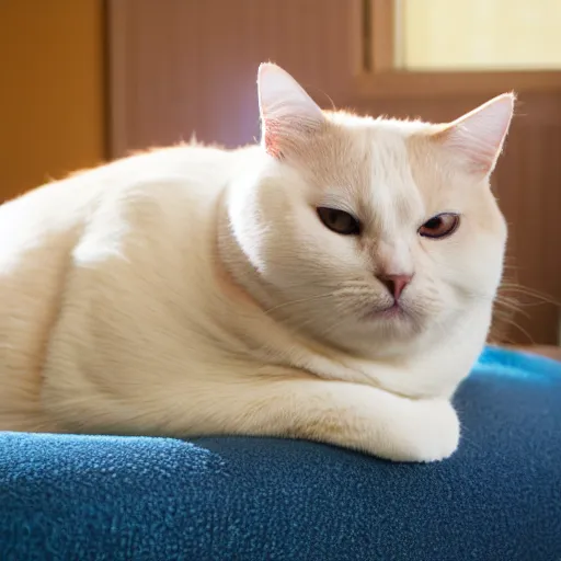 Image similar to sunny photo of an extremely fat and lazy cat in my apartment, taken with my nikon d 3