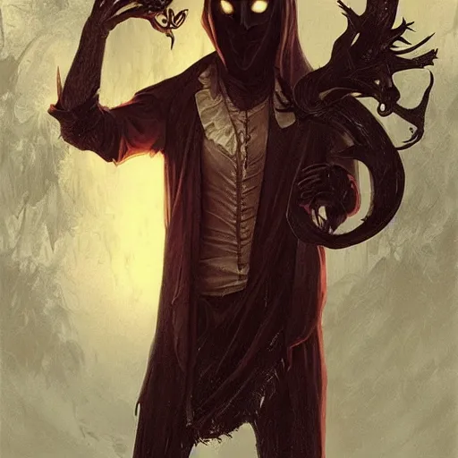 Image similar to - i full body portrait of a male magician with a mask controlling ghosts and spirits, spooky, horror, gothic, d & d, fantasy, intricate, elegant, highly detailed, digital painting, artstation, concept art, smooth, sharp focus, illustration, art by artgerm and greg rutkowski and alphonse mucha