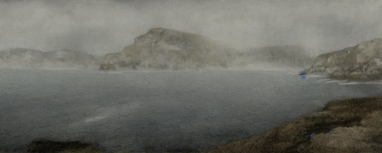 Prompt: misty black cliffs over steamy water by Fernand Khnopff, matte painting