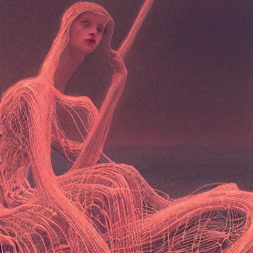Image similar to shore of the lake, woman, wrapped around by tubes and cables veins and nerves, bones, short black curly hair, glowing red, by edgar maxence and ross tran, zdzisław beksinski, un and michael whelan, distant, gustav dore, h. r. giger, 8 k, octane render
