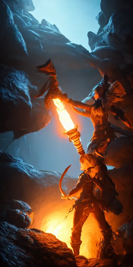 Image similar to a epic hero adventurer holding a torch in a dark cave, fantsy, concept art, artgerm, monster hunter world, 8 k realistic, radiant light, frostbite 3 engine, dof, cryengine, digital art, detailed background