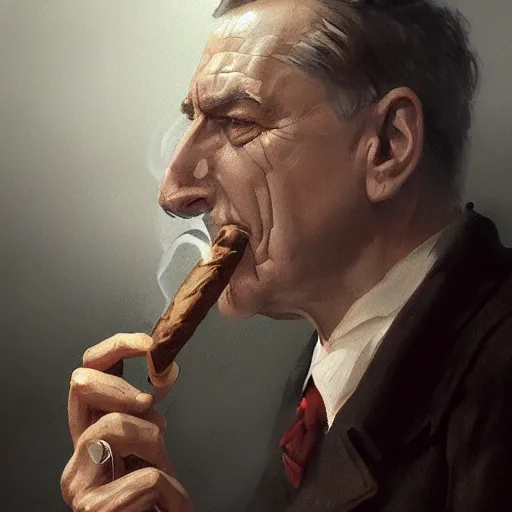 Prompt: a portrait of jack nicolson smoking a cigar, artstation greg rutkowski, cinematic, hyperrealist, digital art