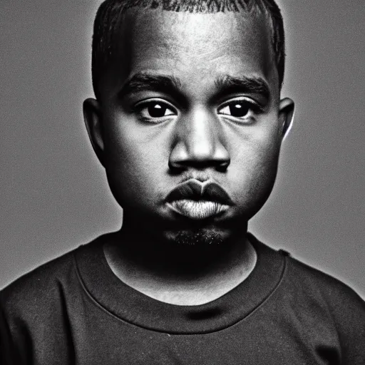 Image similar to the face of young kanye west wearing yeezy clothing at 7 years old, black and white portrait by julia cameron, chiaroscuro lighting, shallow depth of field, 8 0 mm, f 1. 8