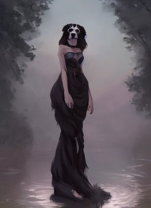 Image similar to wide angle beautiful full body portrait of a strong male anthropomorphic anthro border collie fursona in an evening gown by a lake at night, character design by charlie bowater, henry asencio, and ross tran, detailed, aesthetic, trending on artstation, furaffinity