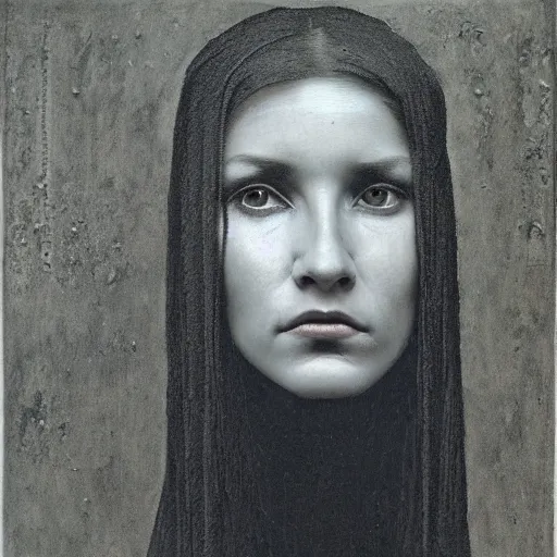 Prompt: portrait photo of a woman by Zdzislaw Beksinski, black eyes, black shiny tubes are wrapped around her