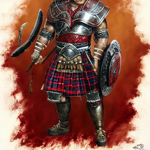 Image similar to bulky muscular scottish warrior with red hair and a kilt, tribal blood red war paintings on his chest, bronze plate armor, 4 k oil on linen by wlop, artgerm, andrei riabovitchev, nuri iyem, james gurney, james jean, greg rutkowski, highly detailed, soft lighting 8 k resolution