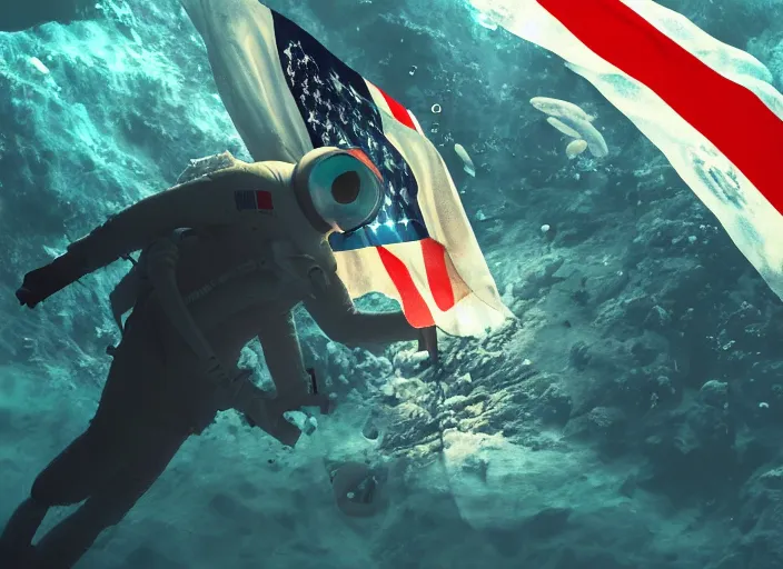 Image similar to astronaut underwater putting a flag in the sand of the bottom of the ocean. there is a futuristic submarine in the background. dark, concept art, cinematic, dramatic, atmospheric, 8 k, trending on artstation, low visibility, zack snyder