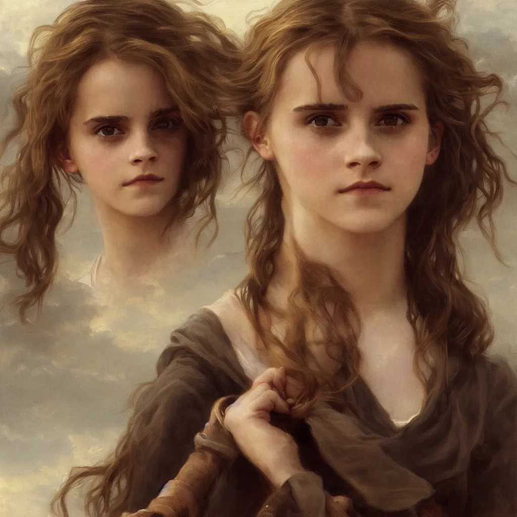 Image similar to Painting of Emma Watson as Hermione Granger. Prisoner of Azkaban. Cheerful. Happy. Art by william adolphe bouguereau. During golden hour. Extremely detailed. Beautiful. 4K. Award winning.