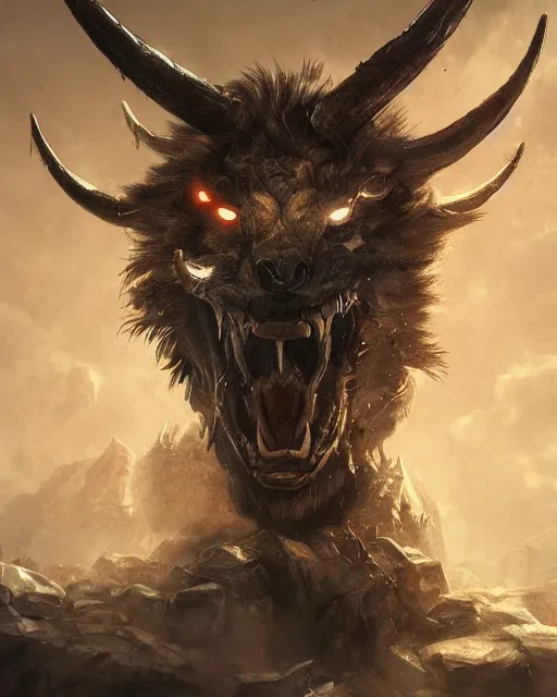 Prompt: A minotaur as a wolf, terrifying face, highly detailed face, close-up, fantasy art, monster art, in the style of greg rutkowski, illustration, epic, fantasy, intricate, hyper detailed, artstation, concept art, smooth, sharp focus, ray tracing